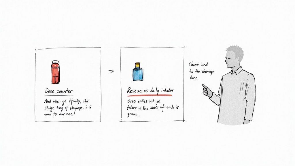 A caregiver and a senior sit together, looking at an albuterol inhaler with a sense of understanding.