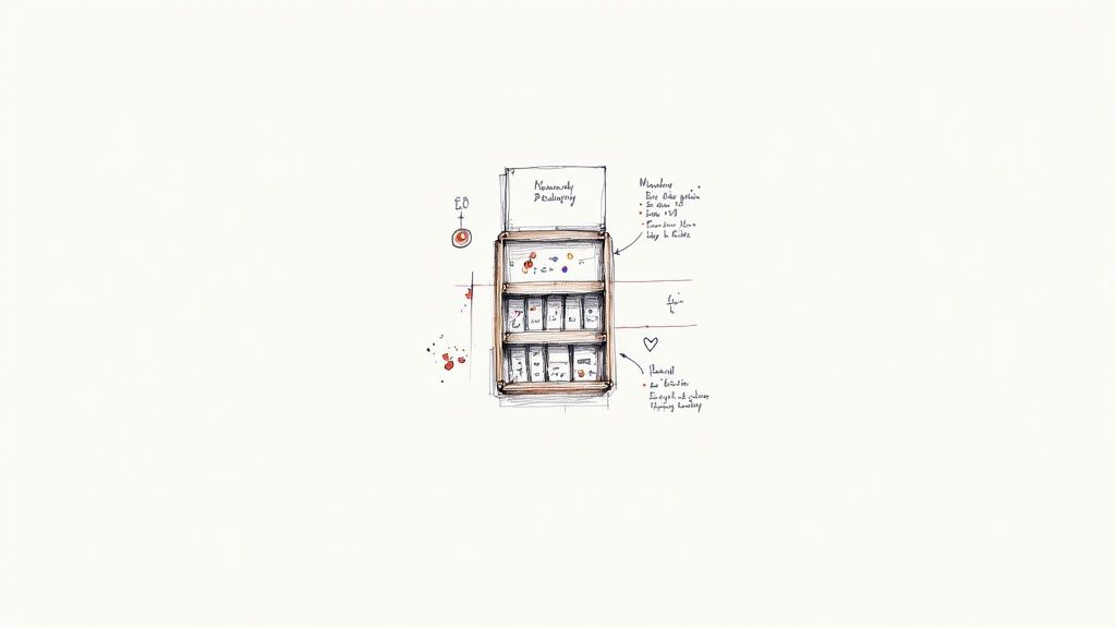 Hand-drawn sketch of organized medication cabinet with labeled shelves and weekly pill organizers