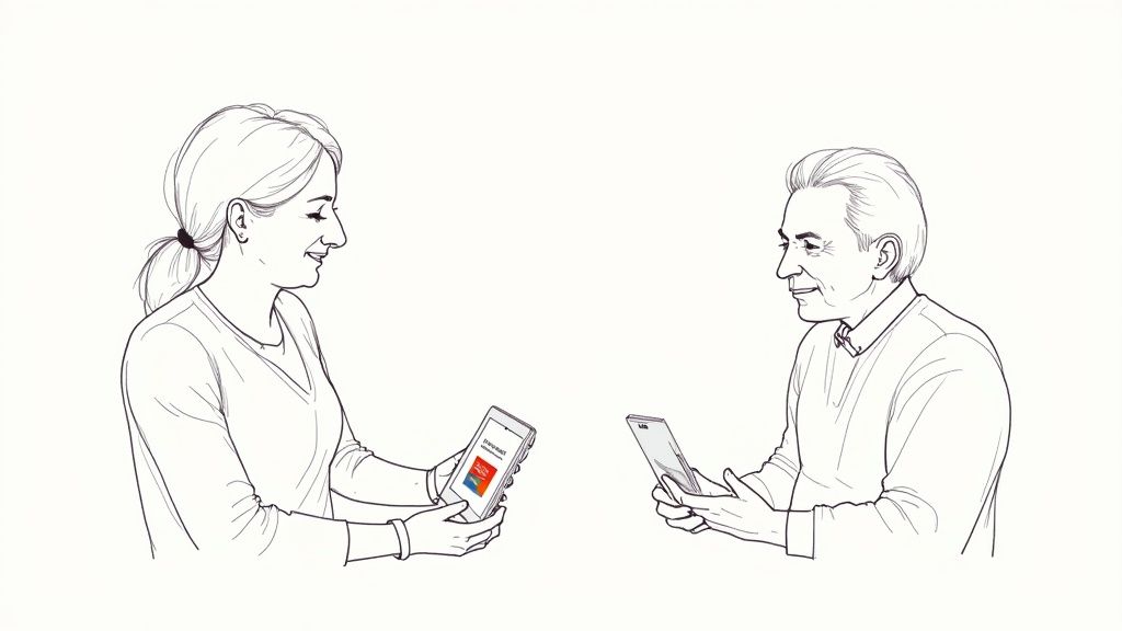 Two people, a woman and an older man, interacting with their phones, possibly using medication management apps.