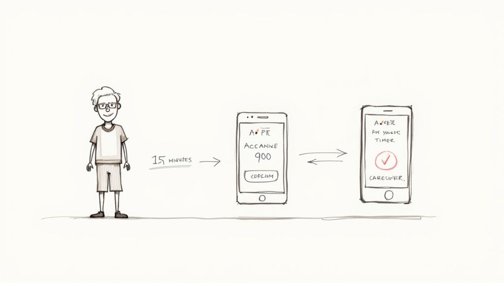 Person using smartphone medication reminder app with caregiver confirmation and fifteen minute alert system