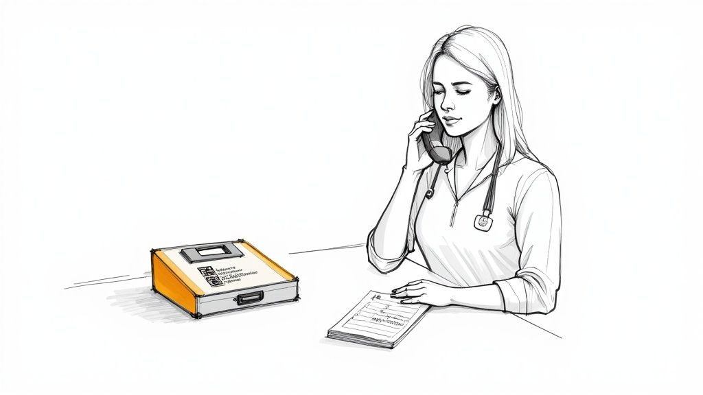 A caregiver calmly sitting with an elderly person, both looking at a pill bottle with a supportive and reassuring expression.
