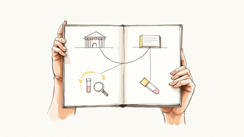 A caregiver and a senior loved one looking at a tablet together, symbolizing connected healthcare.