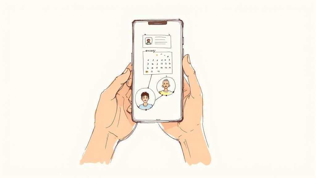 Hands holding smartphone displaying home care scheduling app with calendar and user profiles