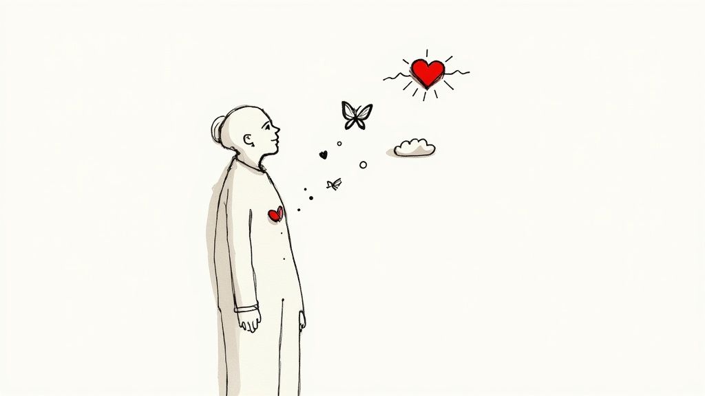 An older man sits on his sofa, looking tired with a hand on his chest.