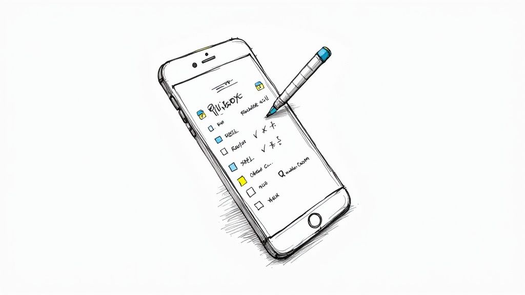 A sketch of a smartphone with a to-do list app, being used with a digital pen.
