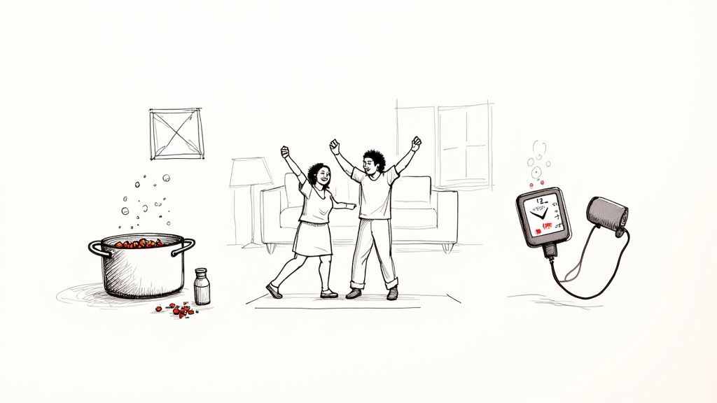 A vibrant image of a family preparing a healthy meal together in their kitchen, filled with fresh vegetables and spices, laughing and enjoying their time.