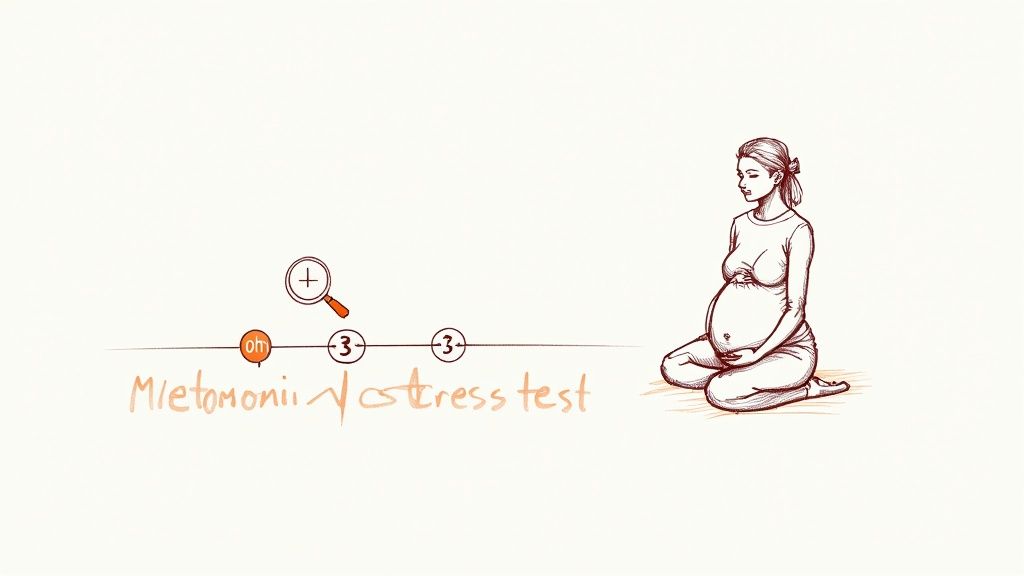 A pregnant woman sitting calmly in a sunlit room, holding her belly.