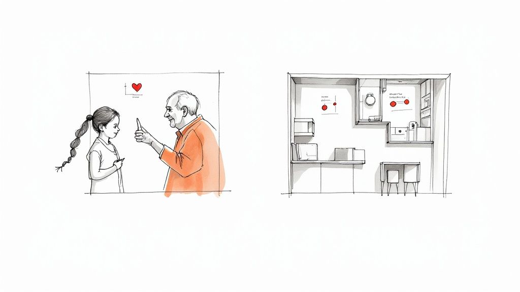 A daughter helping her senior mother use a smart blood pressure cuff at home, both smiling.