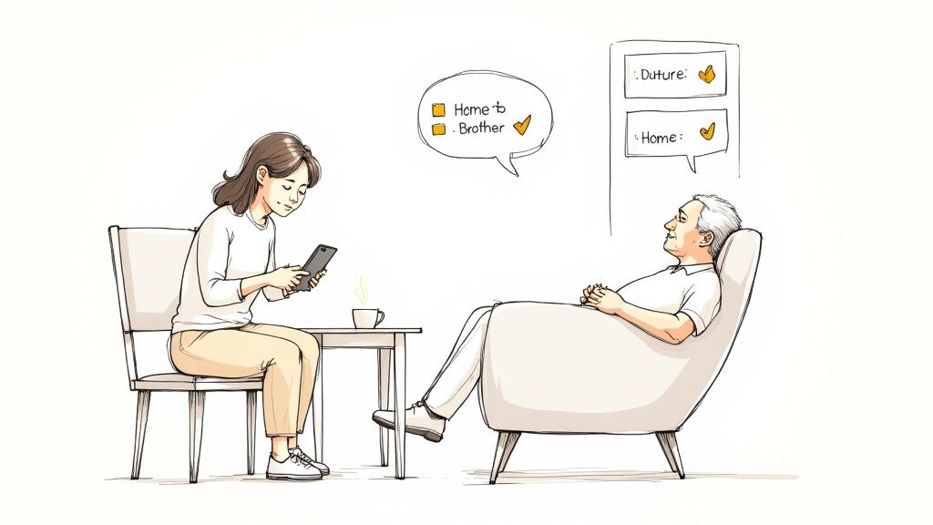 Caregiver using medication tracking app while elderly person rests in chair at home