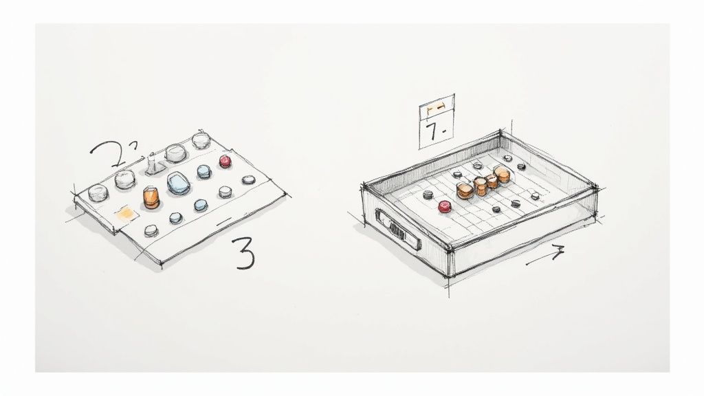 Two hand-drawn sketches showing designs for a pill counter or item organizer with various objects and numbers.