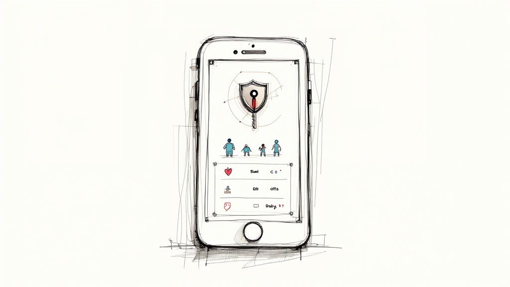 A lock icon overlaid on a family photo, symbolizing the security of personal information within a family caregiver app.