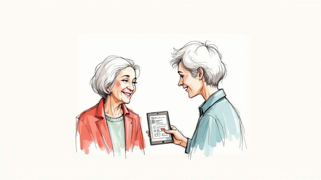 Two smiling older women interacting, one holding a tablet with a digital form.