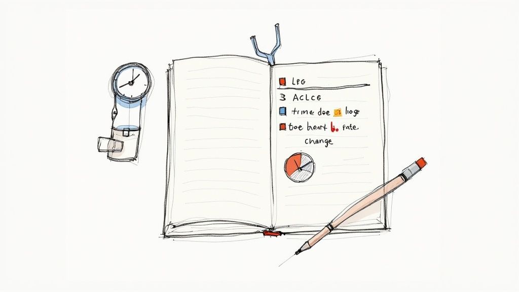 A caregiver writing in a notebook while sitting with a senior loved one.