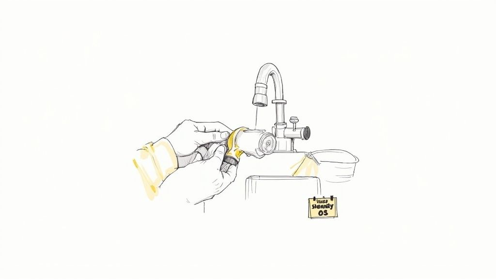 A clean albuterol inhaler and spacer being held by a caregiver.