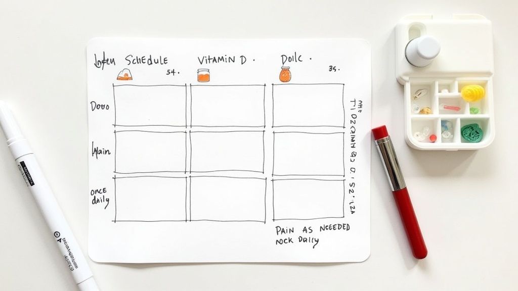 Hand-drawn medication schedule chart with vitamin D and DolIC columns showing daily timing tracker