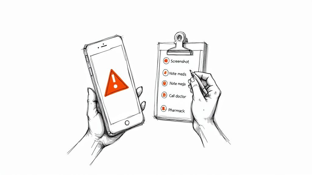 A senior woman and her doctor calmly discuss medications while looking at a tablet.