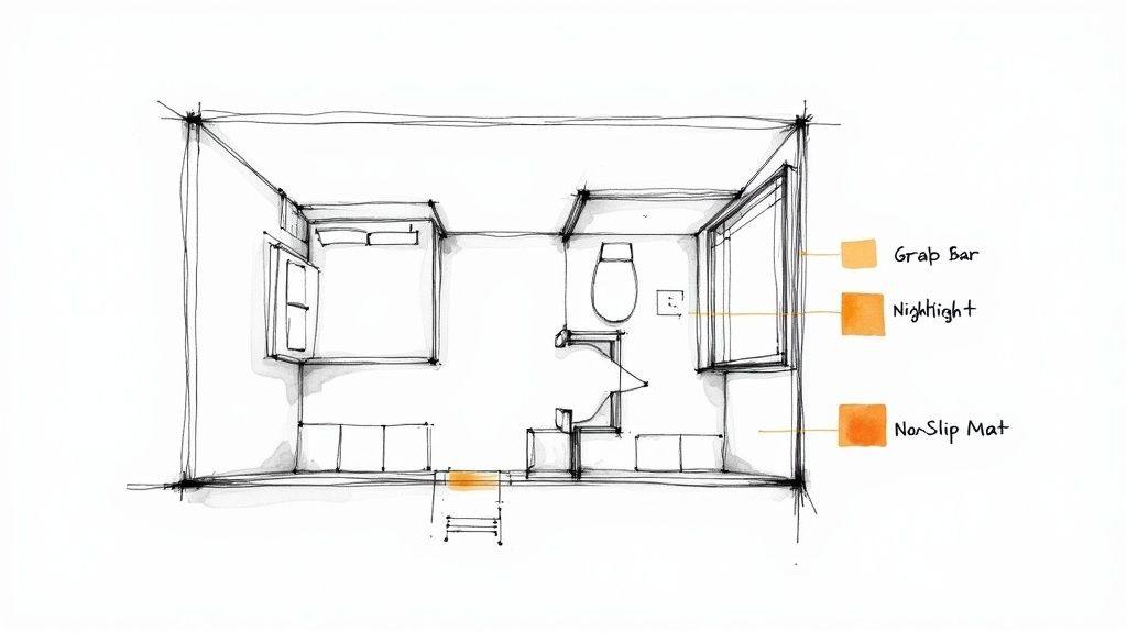 Accessible bathroom floor plan sketch showing grab bars, nightlight, and non-slip mat safety features