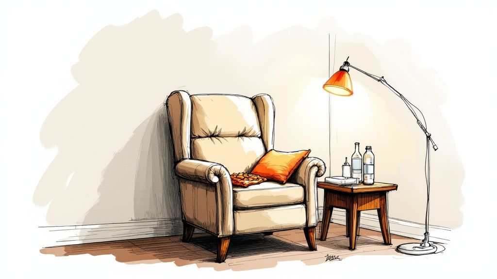 A cozy living room with a comfortable recliner, warm blanket, and a side table ready for someone to rest.