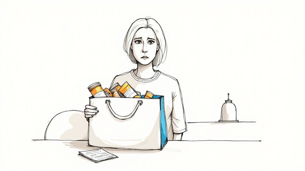 A caregiver gently holding the hand of an elderly person, with pill bottles on the table nearby, symbolizing support and care.