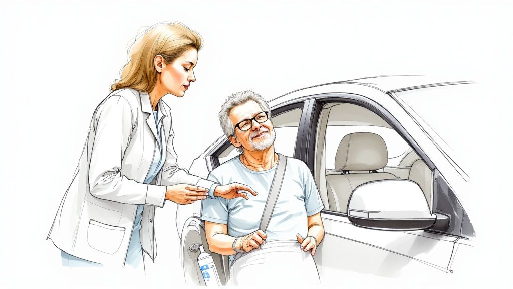 A caring nurse assisting an elderly patient in a hospital room, symbolizing post-procedure support.