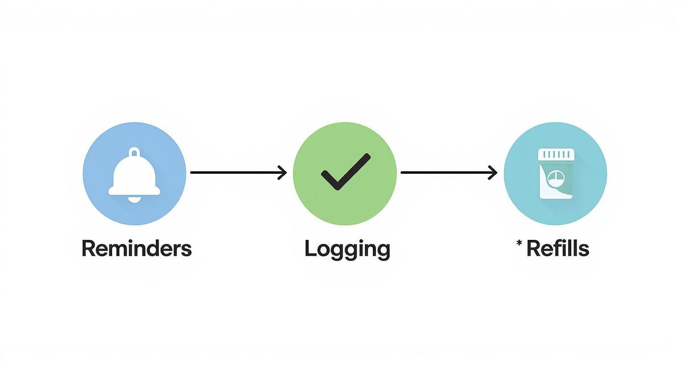 A flow diagram showing medication management steps: Reminders (bell), Logging (checkmark), and Refills (pill bottle).