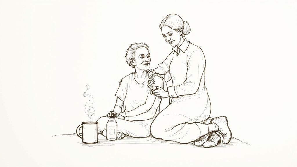 A caregiver offers a warm cup of tea to a senior.
