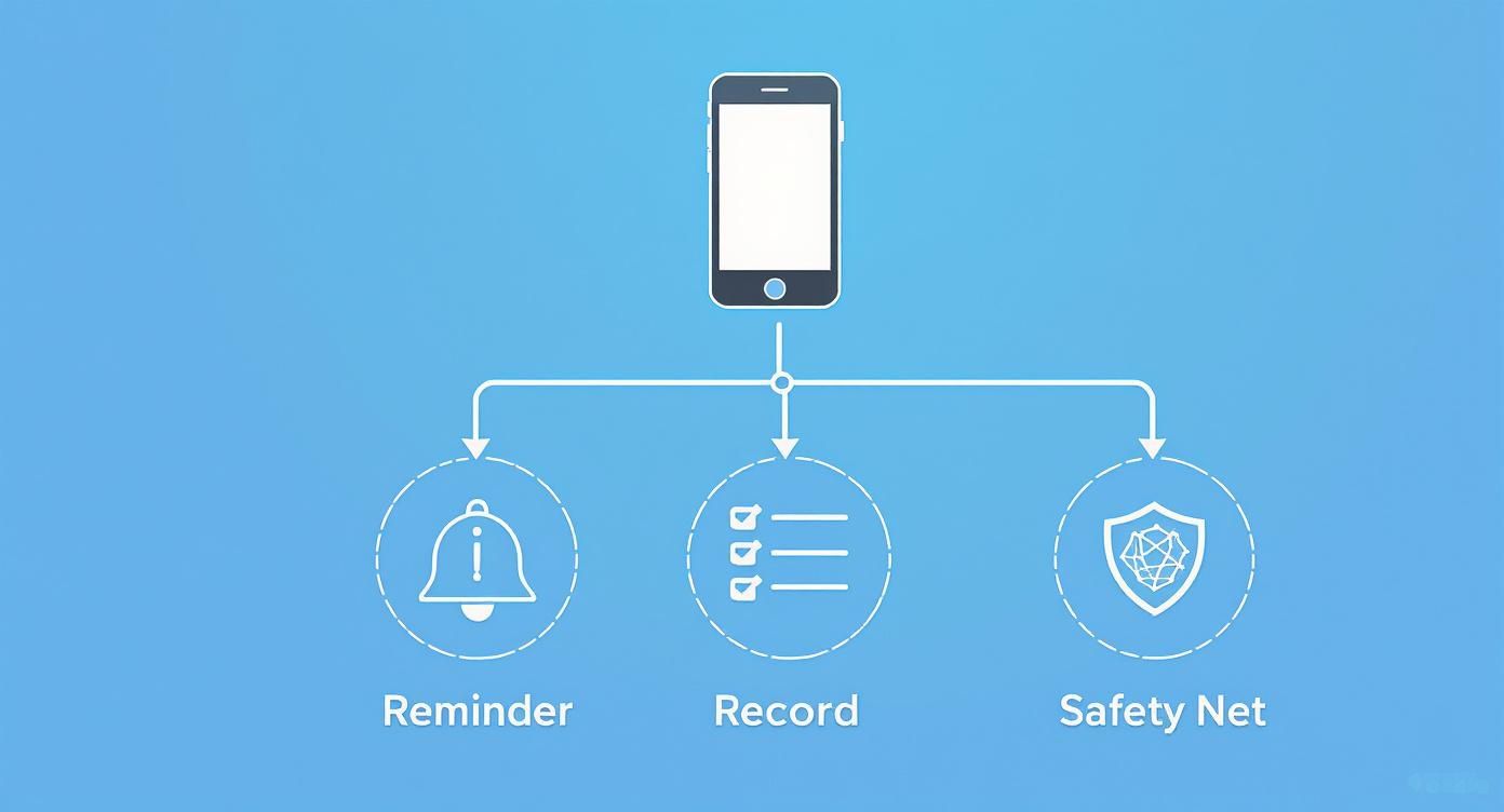 Mobile app interface showing three key features: reminder notifications, record keeping, and safety net protection