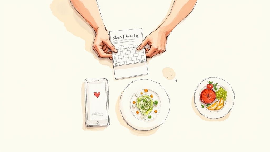 An adult child caregiver gently places a pill organizer in her elderly father's hand while they sit at a kitchen table.