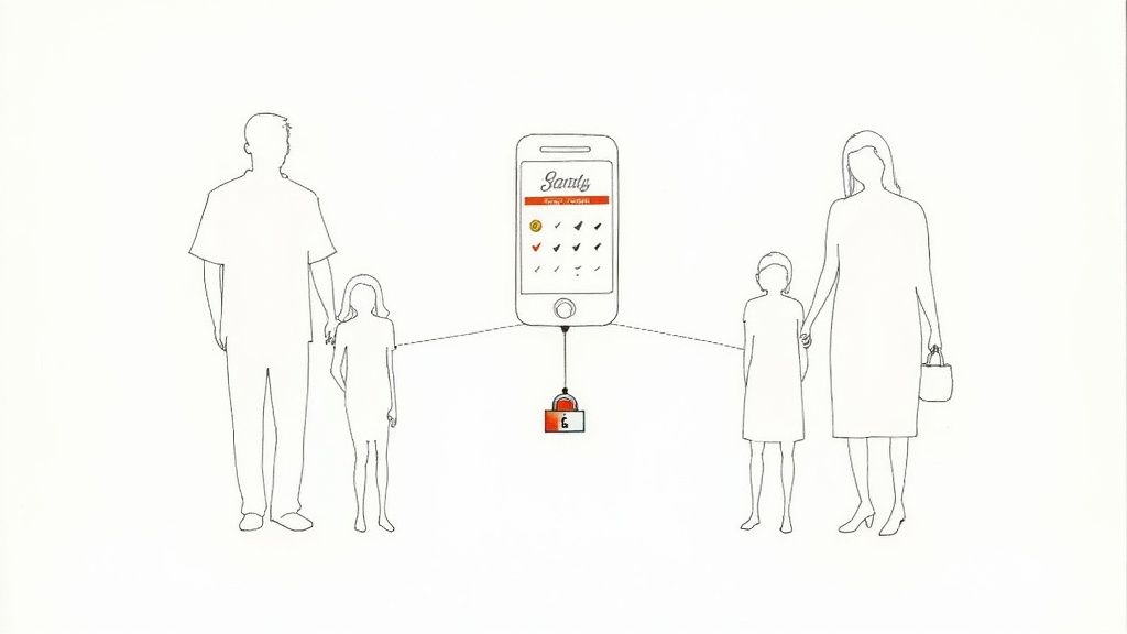 Line drawing of a family with two children connected to a smartphone app for task management and control.