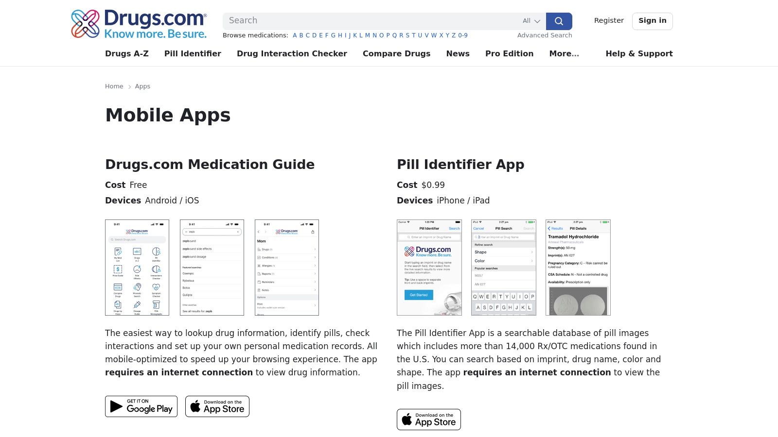Drugs.com Medication Guide app interface showing medication lists and tools
