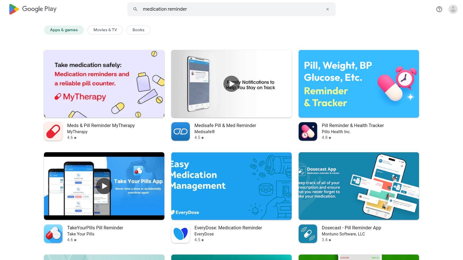 Google Play Store interface showing a search for medication reminder apps