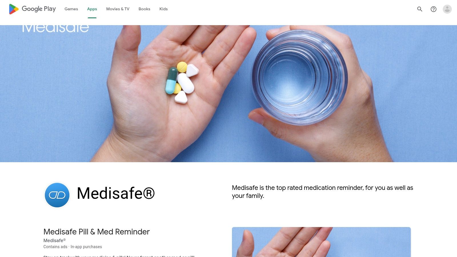 Google Play Store interface showing the Medisafe app page with install button, ratings, and screenshots.