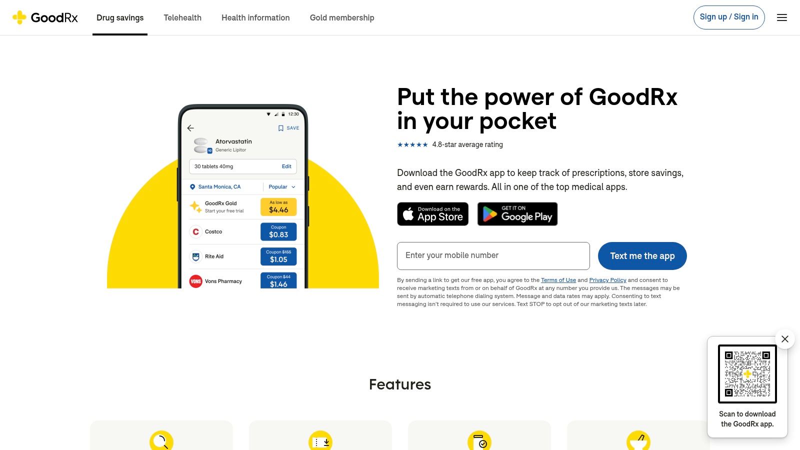 GoodRx Medicine Cabinet app interface showing medication list and reminders
