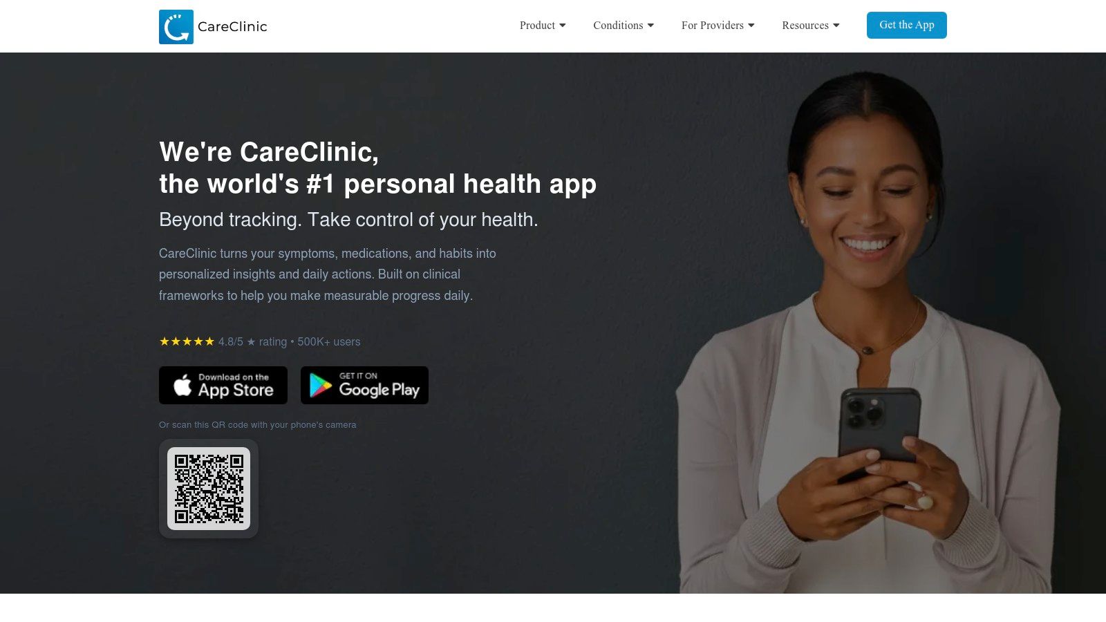CareClinic app interface showing a comprehensive health dashboard with medication adherence, symptom tracking, and daily reports.