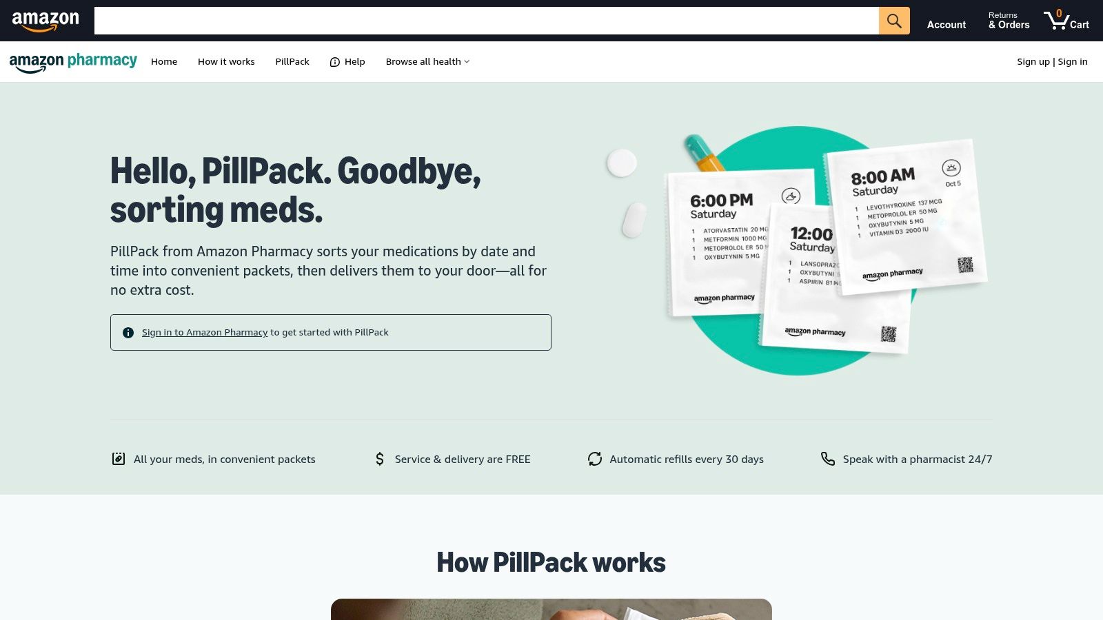 Amazon PillPack service showing pre-sorted medication packets laid out by time of day.