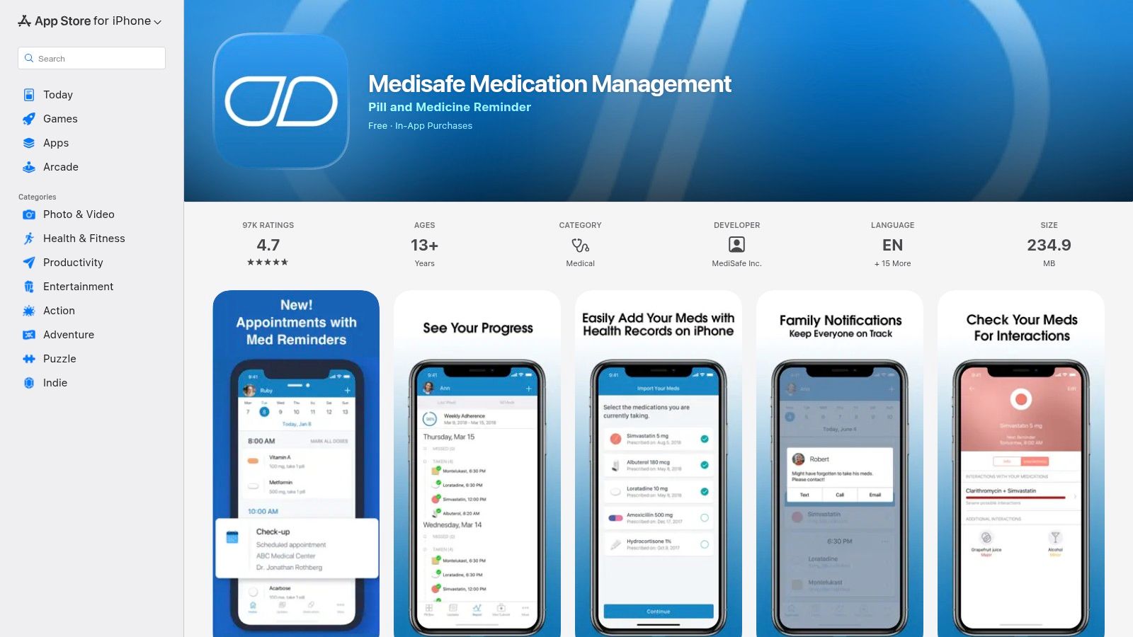 The Apple App Store showing the Medisafe app page with user ratings and download information.