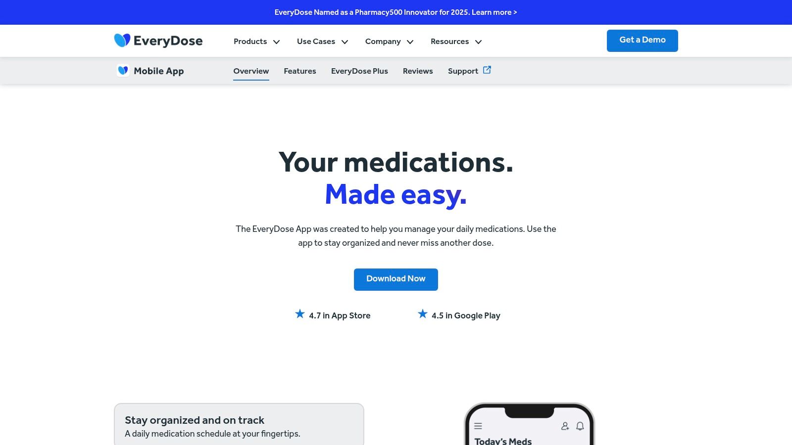 EveryDose app interface showing medication reminders and tracking