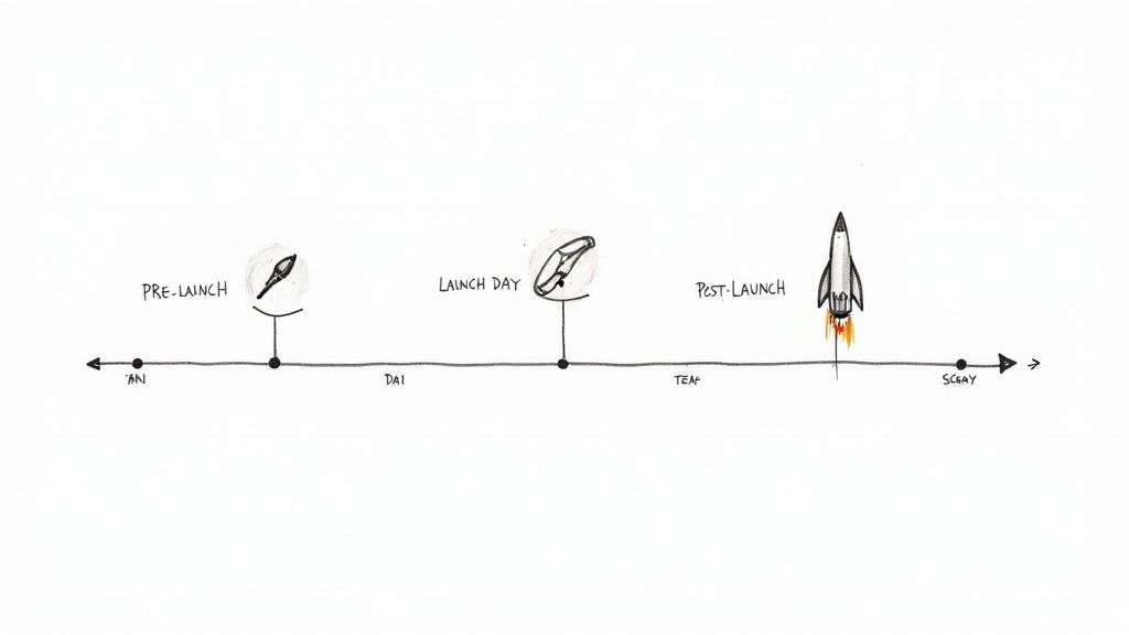 A strategic roadmap for a Product Hunt launch, showing key milestones and phases.