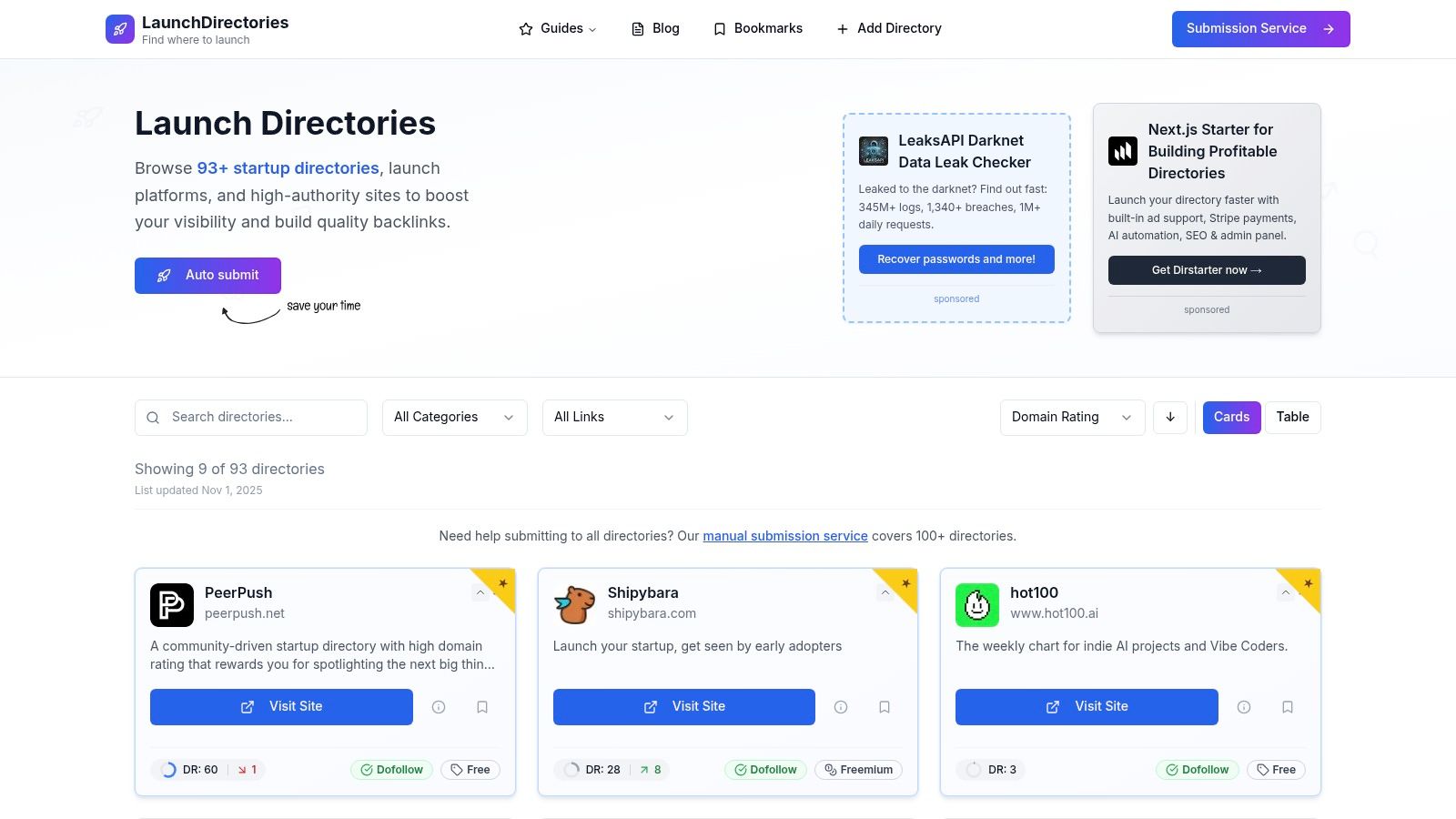 LaunchDirectories interface showing a list of directories with SEO metrics