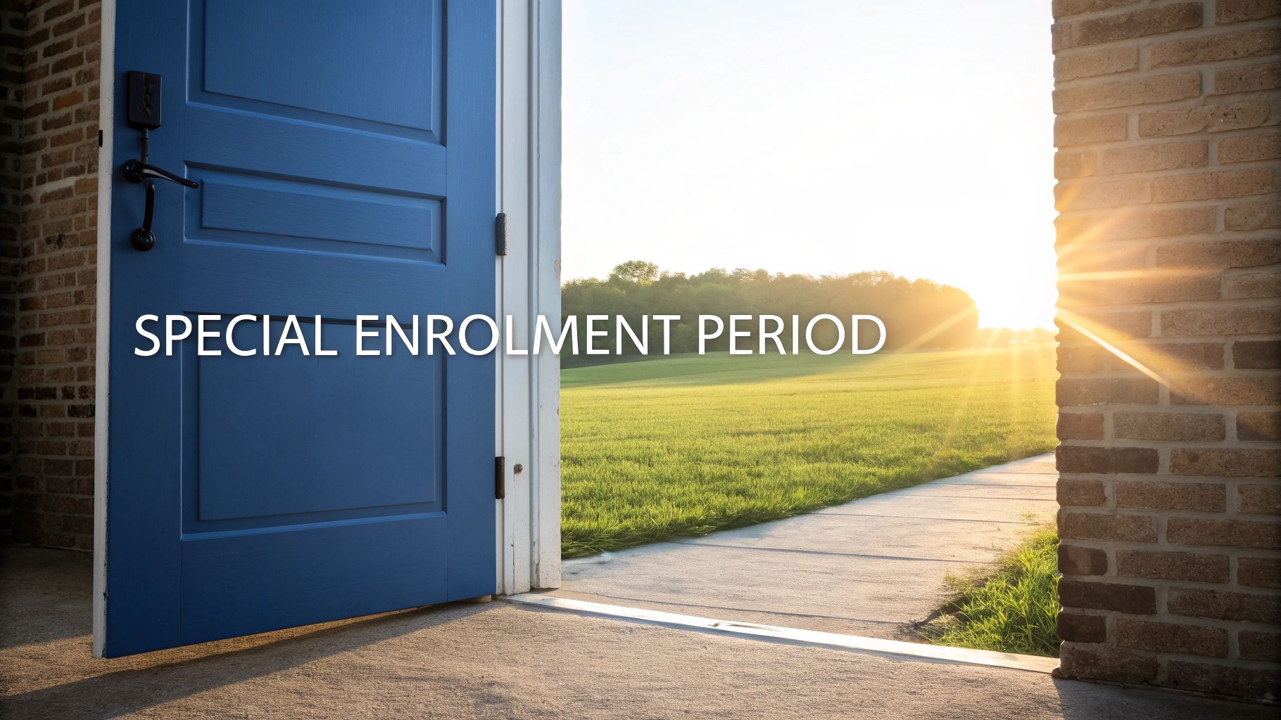 An open blue door reveals a sunny green field with the text 'SPECIAL ENROLMENT PERIOD' on it.