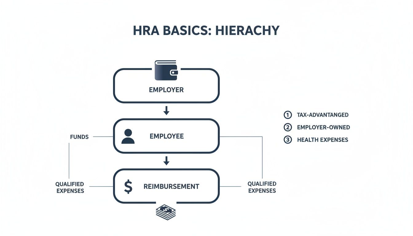 Diagram showing HRA hierarchy: employer provides funds, employee incurs qualified health expenses, leading to reimbursement.