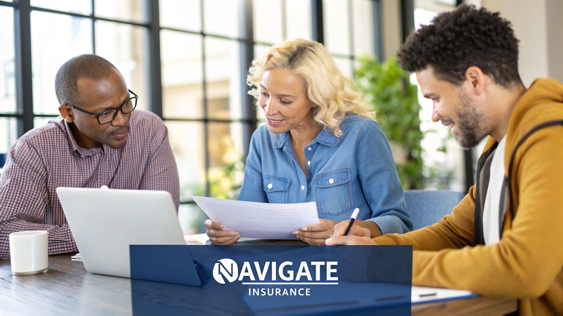 A person sitting at a desk and reviewing health insurance documents on a laptop, looking thoughtful.