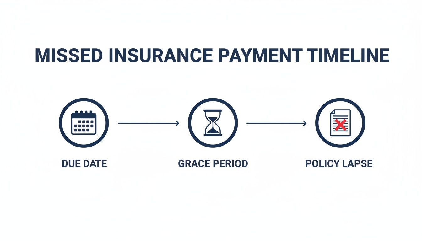 Timeline illustrating a missed insurance payment journey: due date, grace period, and eventual policy lapse.