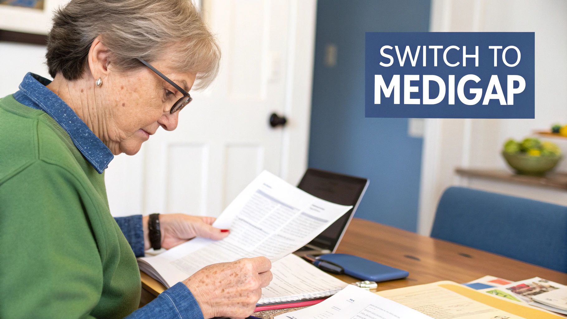 A senior woman and a healthcare professional looking at a tablet together, discussing Medicare options.