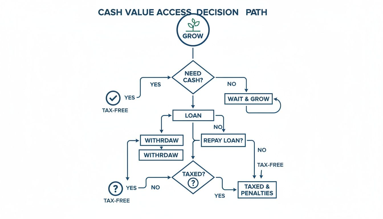 Flowchart illustrating the cash value access decision path, detailing options and tax outcomes.