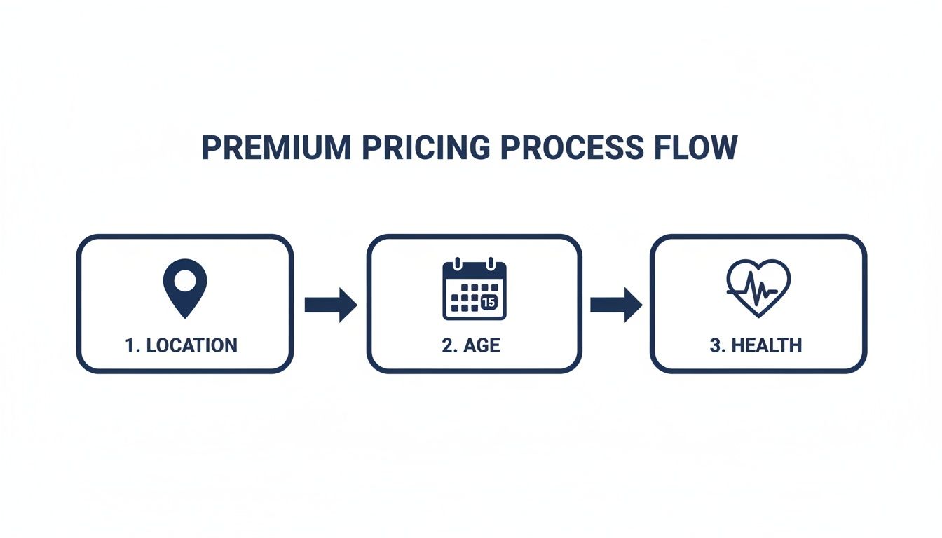 Flowchart illustrating premium pricing process based on location, age, and health factors.