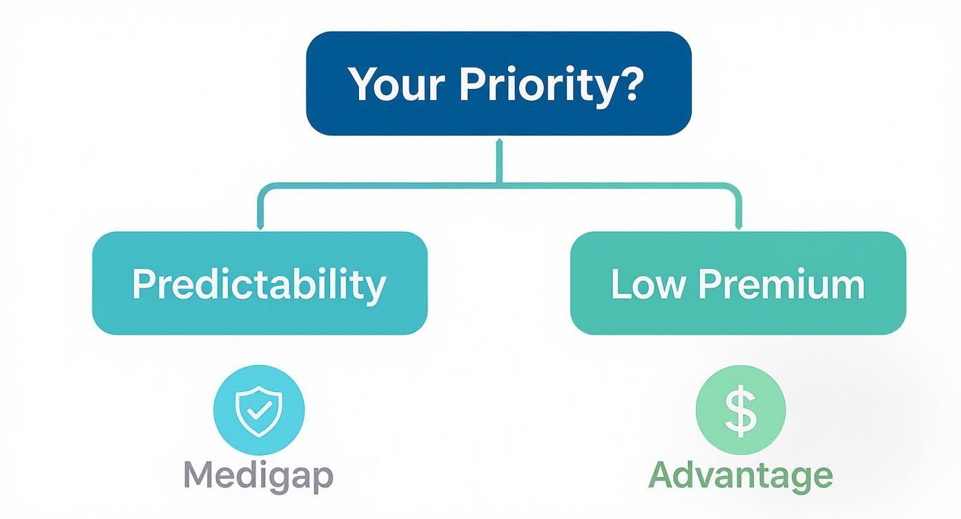 Flowchart comparing Medigap and Advantage plans based on priorities: predictability versus low premium.