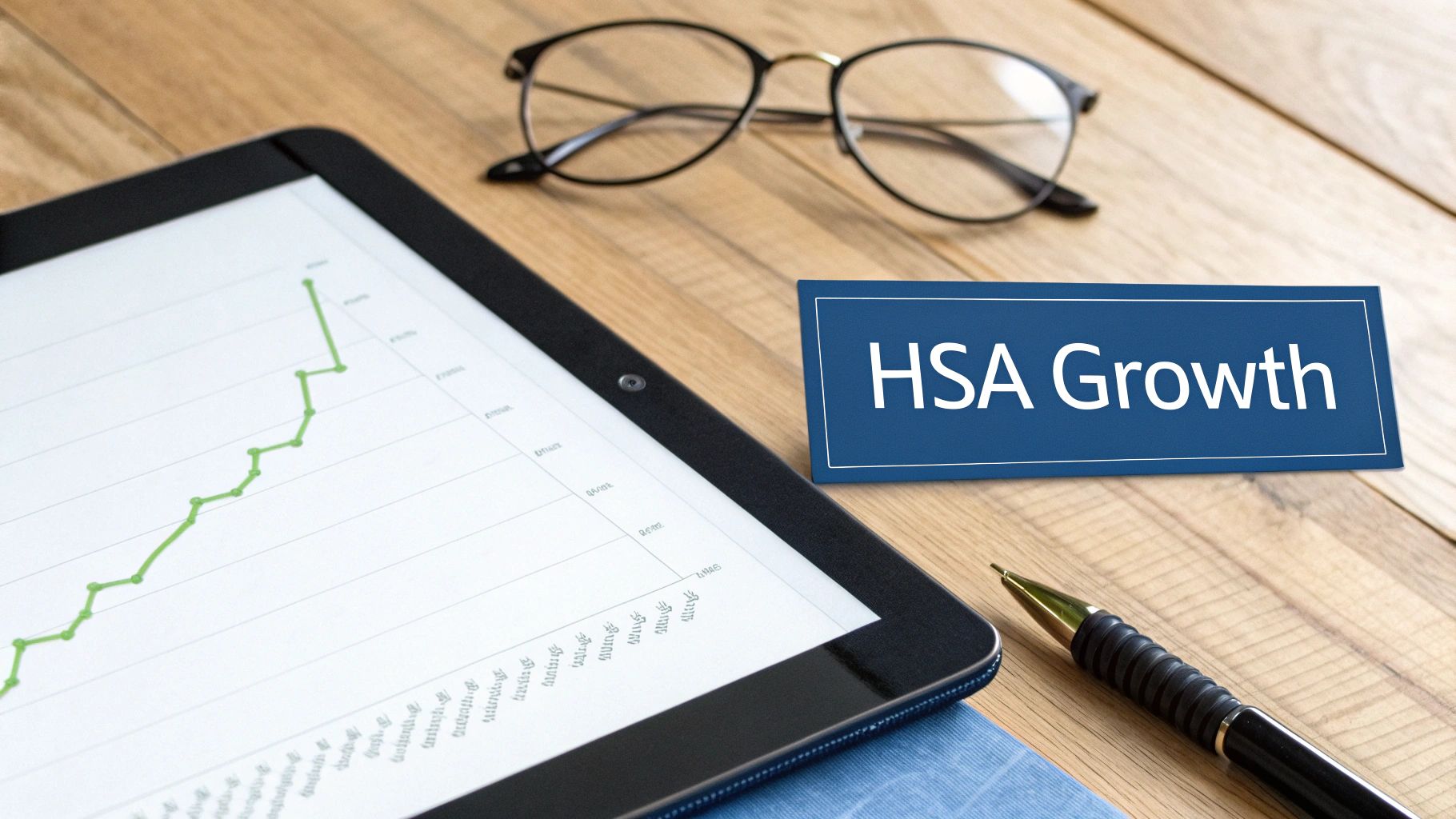 A tablet displays a green growth chart, alongside glasses, a pen, and an 'HSA Growth' sign on a wooden desk.