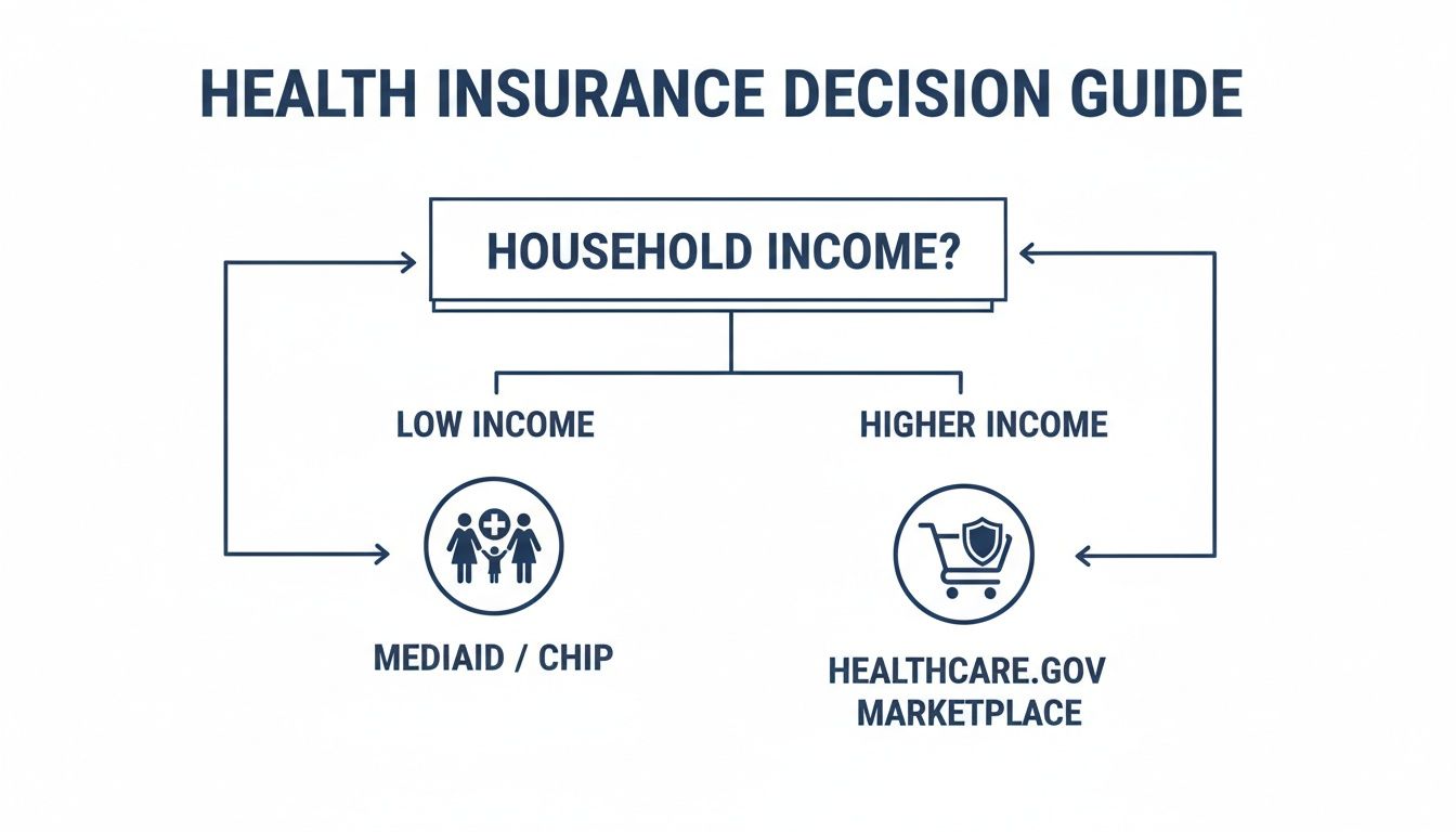 Flowchart showing health insurance decision guide based on household income: Medicaid/CHIP for low income, Healthcare.gov Marketplace for higher.
