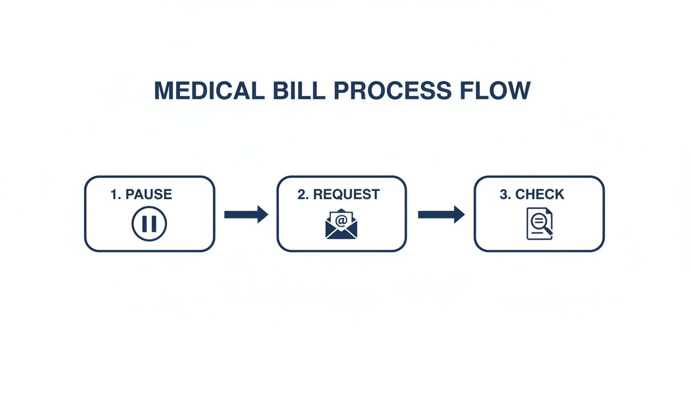 A medical bill process flow diagram showing three steps: pause, request, and check, connected by arrows.